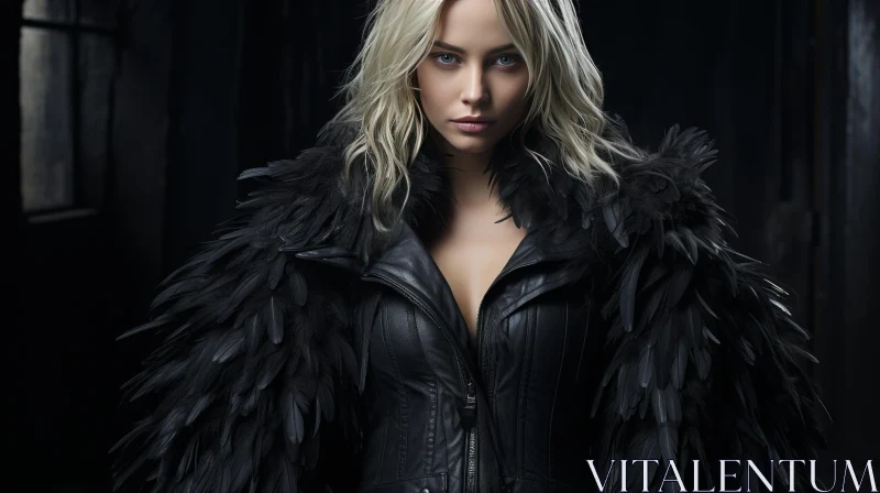 Serious Woman in Leather Jacket with Feathers AI Image
