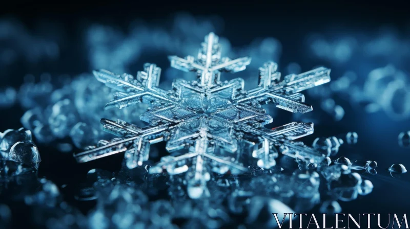Snowflake Close-up on Dark Blue Surface AI Image