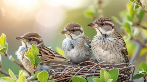 Tranquil Nature Scene with Sparrows in Nest