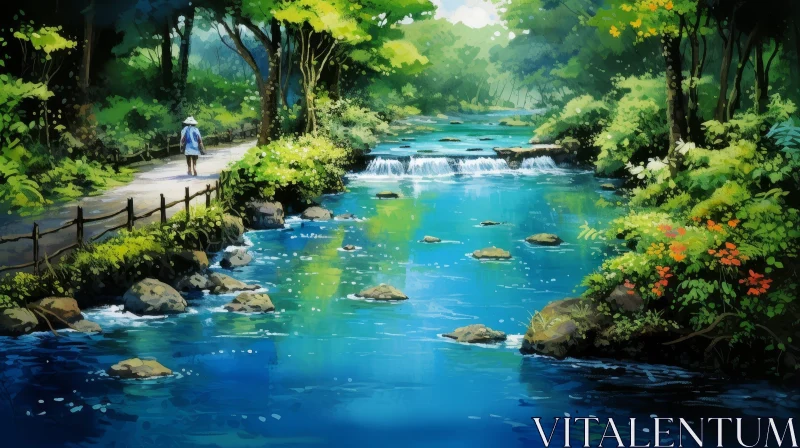 Tranquil River Landscape with Lush Trees and Waterfall AI Image