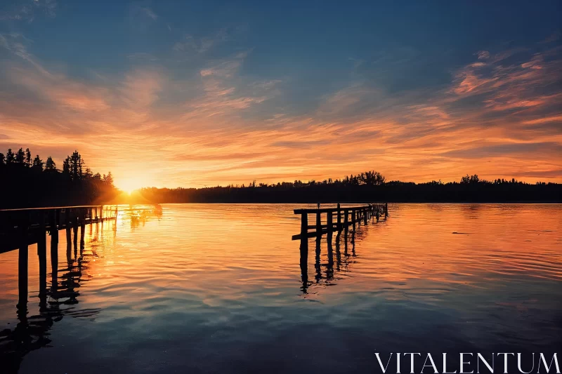 Tranquil Sunset over a Lake with a Dock - Serene Orange and Cyan Landscape AI Image