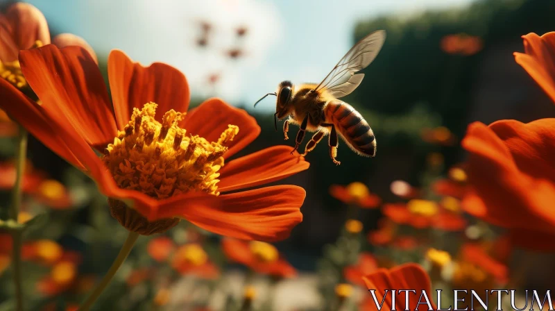 Bee Pollinating Red Flower AI Image