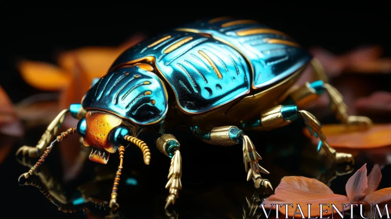AI ART Blue and Gold Metallic Beetle Close-up Photo