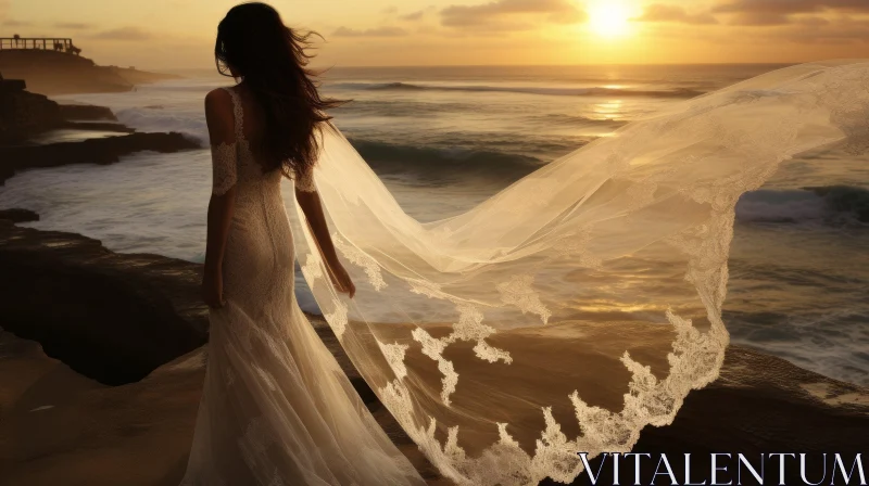 Bride on Cliffside at Sunset AI Image