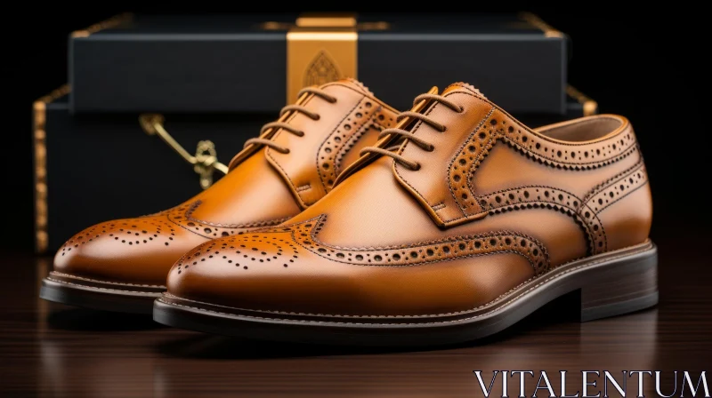 Brown Leather Brogue Shoes on Wooden Table AI Image