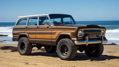 Captivating Brown Jeep Commander on Beach with Intricate Wood Grain Details