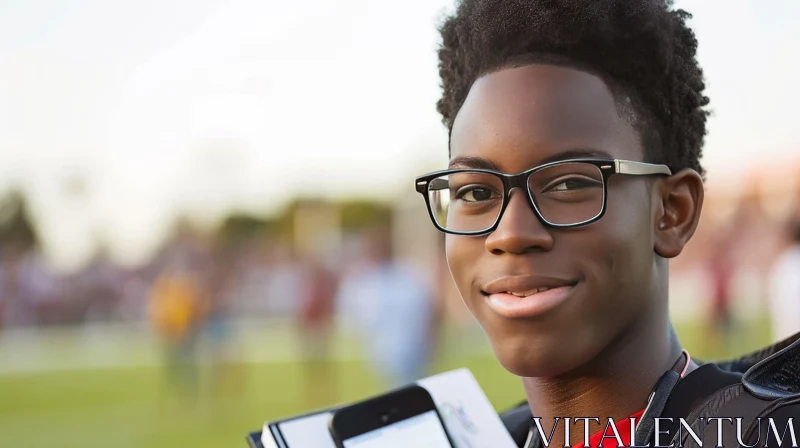 Cheerful African-American Boy Outdoors | Smiling Young Teen AI Image