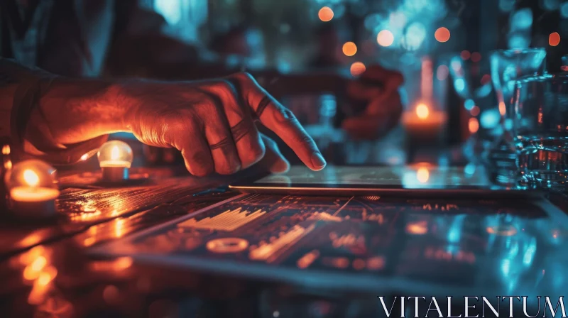 Close-Up of Man's Hand Using Tablet in Bar or Restaurant AI Image