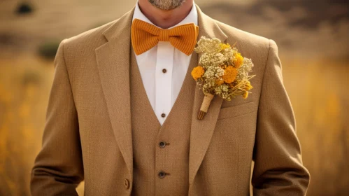 Elegant Man in Brown Suit and Yellow Bow Tie Standing in Wheat Field
