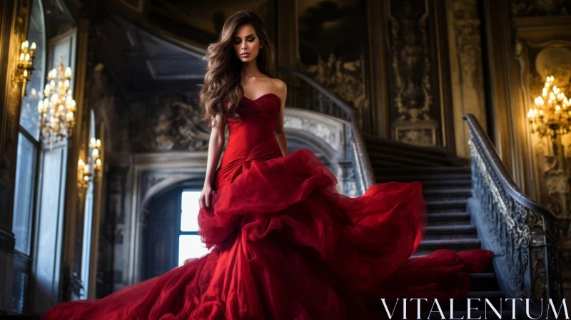 Elegant Woman in Red Dress at Staircase AI Image