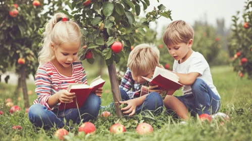 Enchanting Image of Children Reading Books in an Orchard