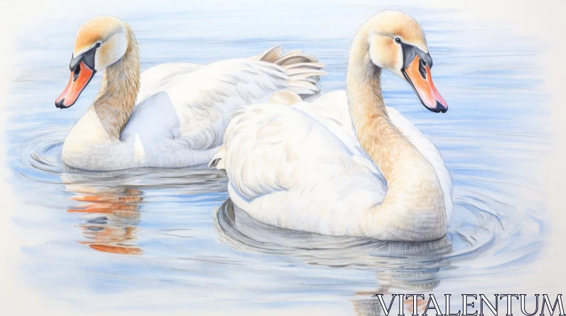 Graceful Swans in a Tranquil Lake - Watercolor Painting AI Image