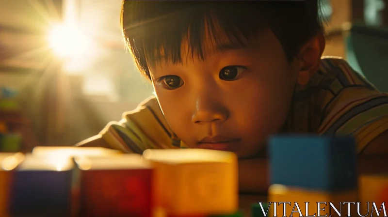 Introspective Asian Boy at a Table with Wooden Blocks AI Image