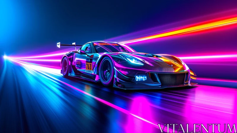 Neon Lights Sports Car Digital Painting AI Image