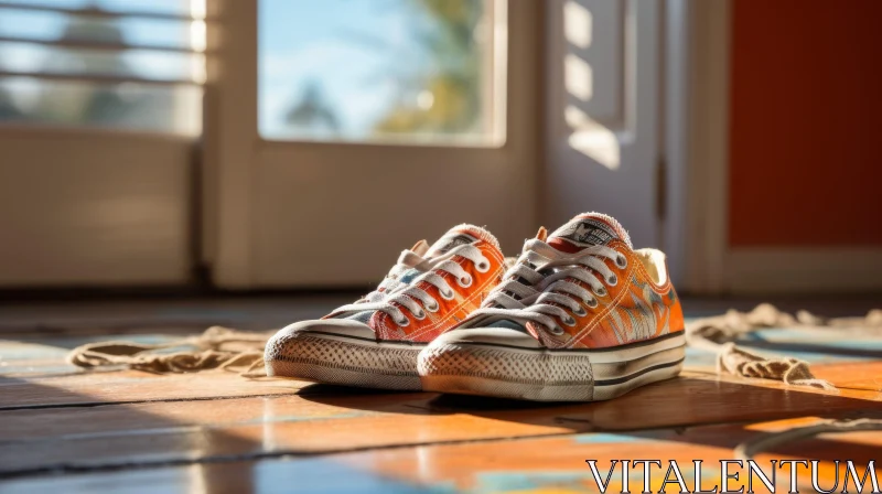 Orange Converse Sneakers on Wooden Floor AI Image