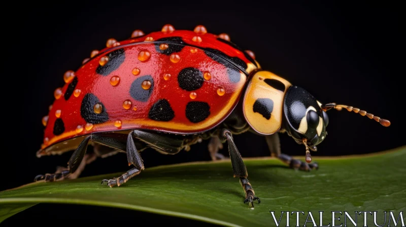 Red Ladybug with Water Droplets on Green Leaf AI Image