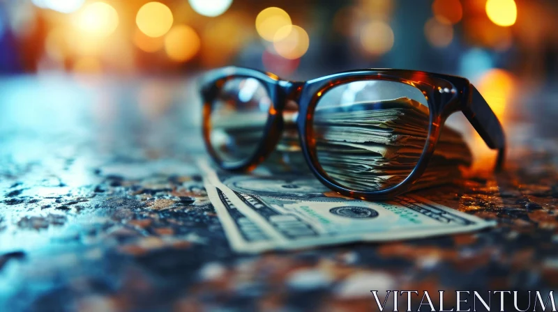 Reflecting Wealth: Close-Up Photo of Glasses on Money AI Image