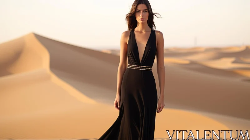 Serious Woman in Black Dress Standing in Desert at Sunset AI Image