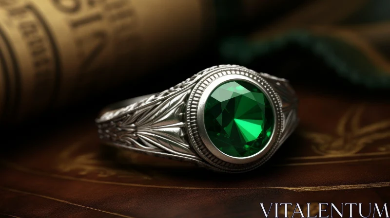 Silver Ring with Emerald Gemstone - 3D Rendering AI Image