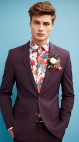 Stylish Young Man Portrait in Purple Suit | Blue Studio Background