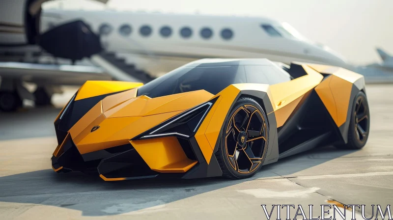 AI ART Yellow and Black Supercar Parked Next to Private Jet
