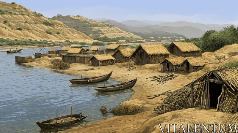 Ancient World: A Serene Prehistoric Settlement on a River Bank AI Image