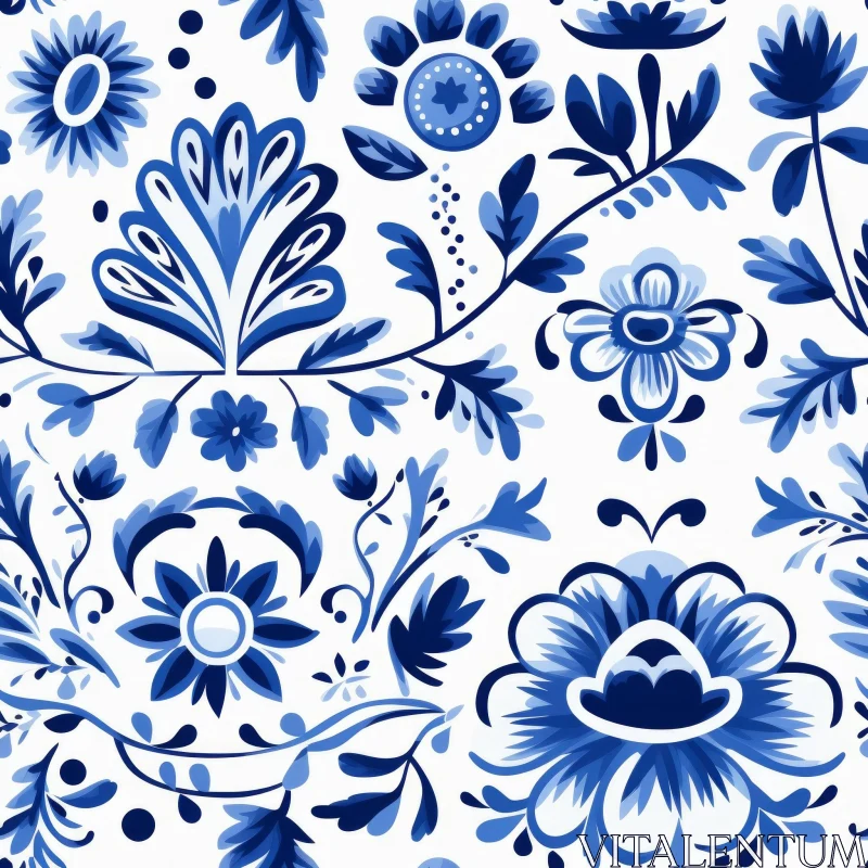 Blue and White Floral Pattern Inspired by Dutch Delftware AI Image