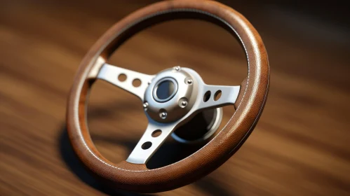 Brown Leather Steering Wheel on Wooden Surface