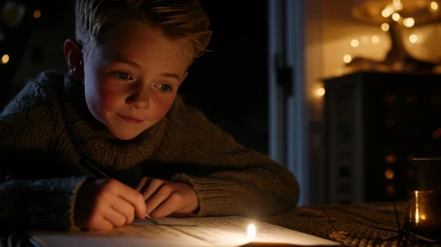 Captivating Image of a Boy Writing a Letter to Santa Claus by Candlelight