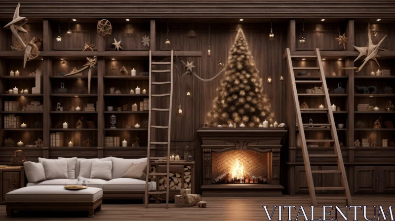 Cozy Christmas Living Room with Fireplace and Sofa AI Image
