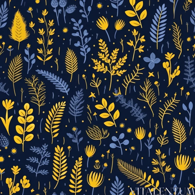 Elegant Hand-Drawn Floral Pattern in Blue and Yellow AI Image