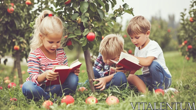 Enchanting Image of Children Reading Books in an Orchard AI Image