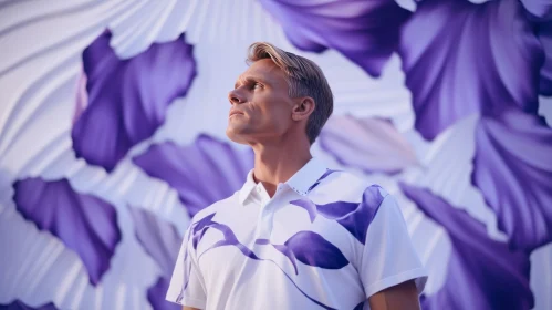 Man in White and Purple Floral Shirt with Flower Petals Background
