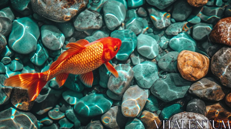 Orange Goldfish Swimming Over Variegated Rocks AI Image