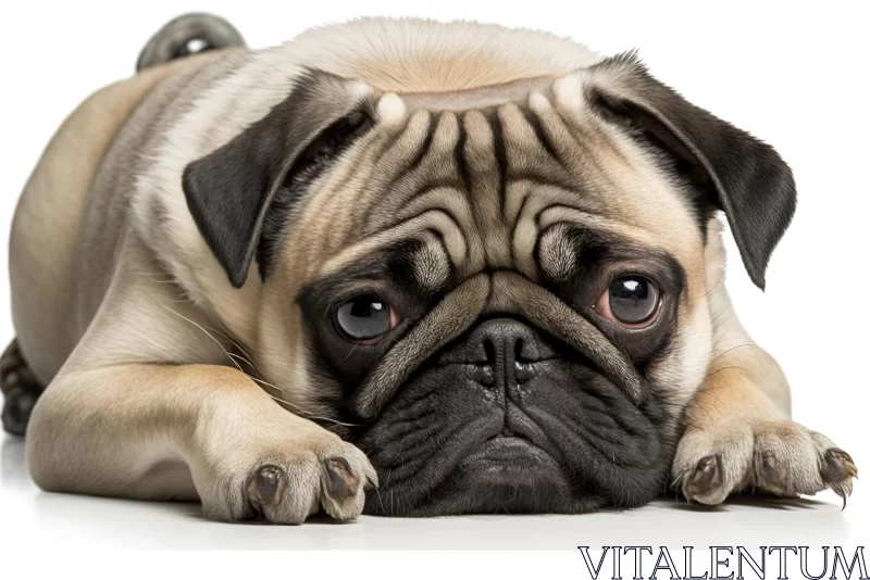 Pug Dog on White Background: Symmetrical Composition and Distinct Facial Features AI Image