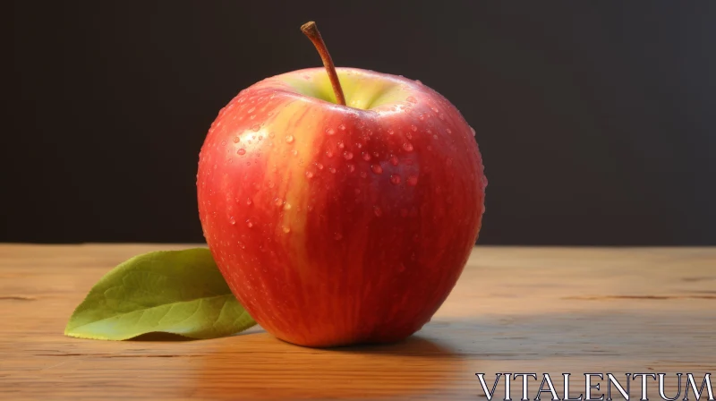 Red Apple with Green Leaf on Wooden Table AI Image