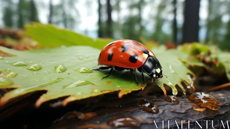 AI ART Red Ladybug on Green Leaf with Water Droplets