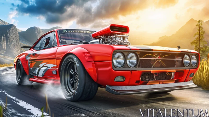 Red Muscle Car Racing in Mountains at Sunset AI Image