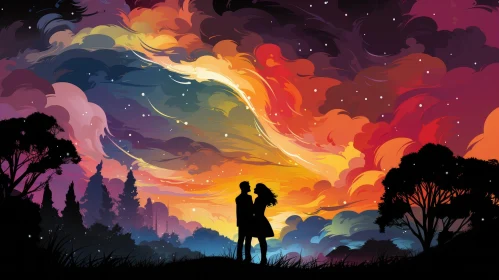 Romantic Couple in Colorful Field Sky - Love and Emotion