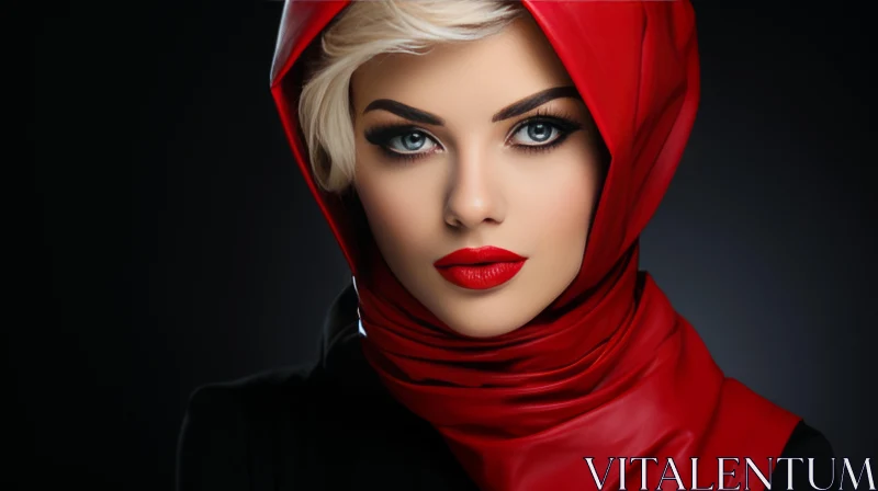 Serious Woman Portrait in Red Headscarf AI Image
