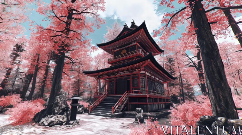 Tranquil Japanese Temple Landscape with Cherry Blossoms AI Image