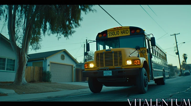 Vintage Yellow School Bus Driving Down Suburban Street | Artistic Photography AI Image