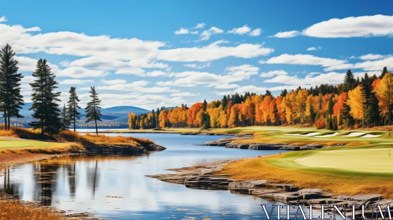 Autumn Golf Course Landscape with Colorful Foliage AI Image