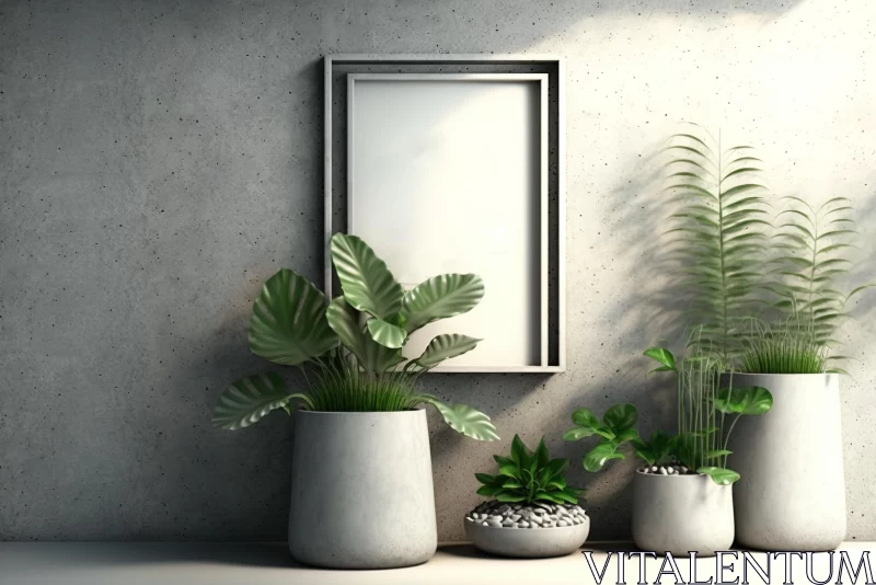 Captivating Concrete Wall with Vases and Planters Behind Mirror | 3D Rendering Stock Photo AI Image