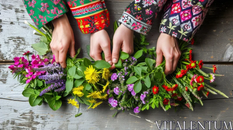 Captivating Floral Composition with Hands | Rustic Wooden Table AI Image