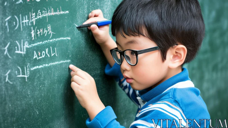 Captivating Image of a Young Boy Writing on a Blackboard AI Image