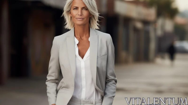 Confident Blonde Woman in Gray Suit | Urban Setting Portrait AI Image