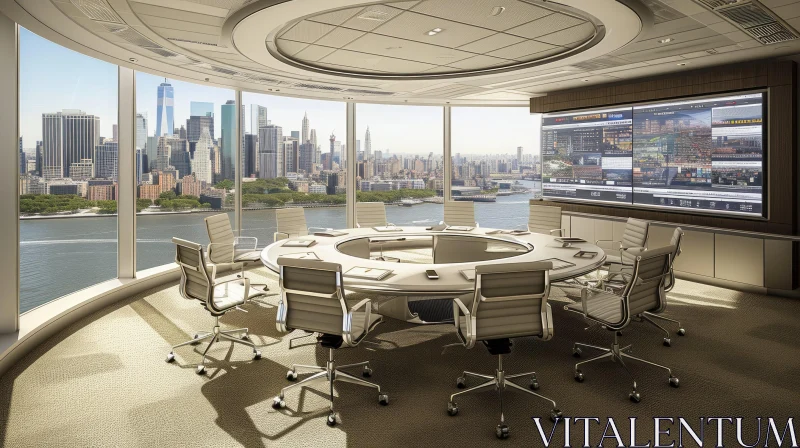 Contemporary Conference Room with Round Table and City View AI Image