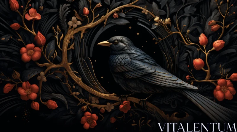 Dark Moody Painting of a Bird on Branch with Red Flowers AI Image