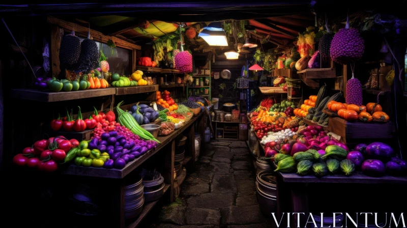 Dark Moody Still Life of Produce Stand with Fruits and Vegetables AI Image